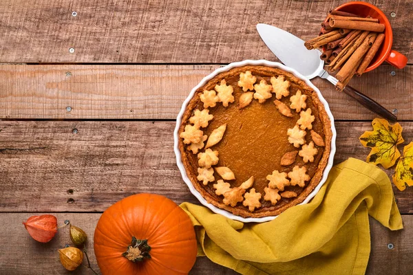Pumpkin Pie Tart Whipped Cream Cinnamon Rustic Background Traditional American — Stock Photo, Image