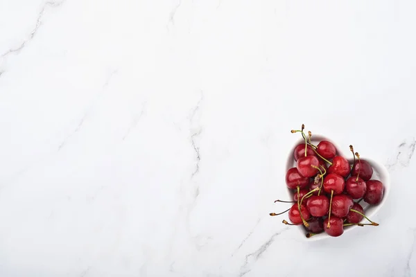 Fresh Sweet Cherry White Heart Shaped Plate Valentines Day Gray — Stock Photo, Image