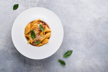 Bolonez Penne Pastası. Parmesan peynirli, fesleğenli ve bolonez soslu leziz iştah açıcı İtalyan makarna. Taş masa üzerinde beyaz tabak geleneksel İtalyan mutfağı. Üst görünüm