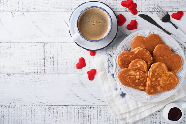 Pancakes Berry Jam Honey Shape Heart Hot Cup Coffee White — Stock Photo, Image