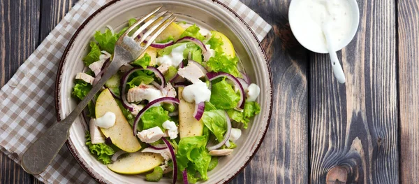 Salad Lettuce Apple Celery Onion Chicken Gray Plate Dark Wooden — Stock Photo, Image