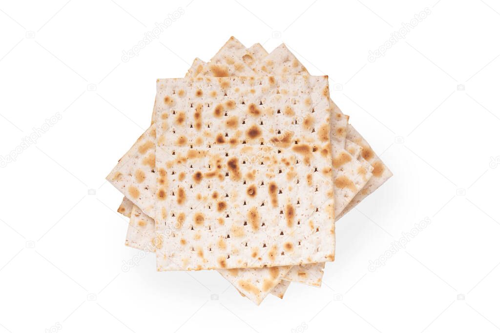 Matzah. Traditional ritual Jewish bread on isolated on white background. Passover food. Pesach Jewish holiday of Passover celebration concept. Traditional Jewish kosher matzo. Mock up.