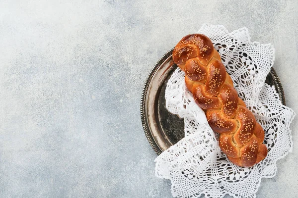 Composição Cerimônia Kiddush Sábado Pão Challah Pão Chalá Trançado Caseiro — Fotografia de Stock