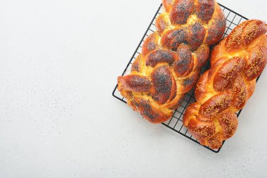 Challah ekmeği. Sebt günü çocuk kompozisyonu. Taze geleneksel ev yapımı şabat ve tatil günleri için beyaz arka planda Challah ekmeği örülmüş Şabat Şalom. Üst Manzara. Boşluğu kopyala.