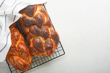 Challah ekmeği. Sebt günü çocuk kompozisyonu. Taze geleneksel ev yapımı şabat ve tatil günleri için beyaz arka planda Challah ekmeği örülmüş Şabat Şalom. Üst Manzara. Boşluğu kopyala.