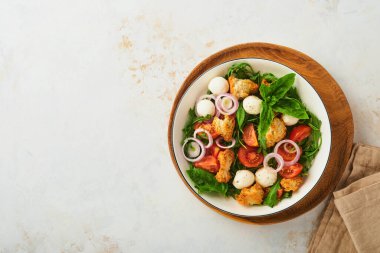 Panzanella Ekmek Salatası. Domatesli geleneksel İtalyan yemekleri, mozarella topları, fesleğen, soğan ve açık arkaplanda ekmek. Geleneksel İtalyan yemekleri. Üst Manzara. Boşluğu kopyala.