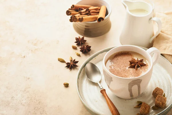 Chá Masala Masala Chai Chá Temperado Com Leite Especiarias Fundo — Fotografia de Stock