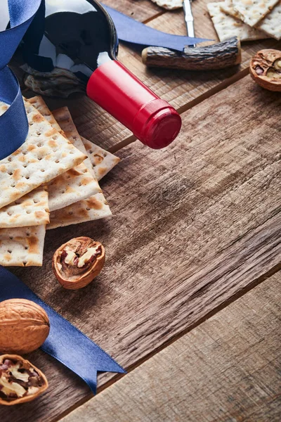 Matzah Walnut Traditional Ritual Jewish Bread Old Wooden Rustic Background — Stock Photo, Image
