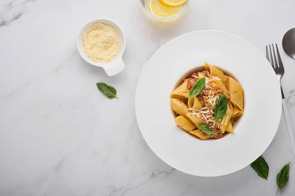 Bolognese Penne Pasta Smaklig Aptitretande Klassisk Italiensk Penne Pasta Med Royaltyfria Stockfoton