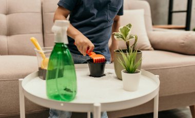 Bir çocuğun eline tırmıkla yaklaşıp masaya bitki yerleştirirken.