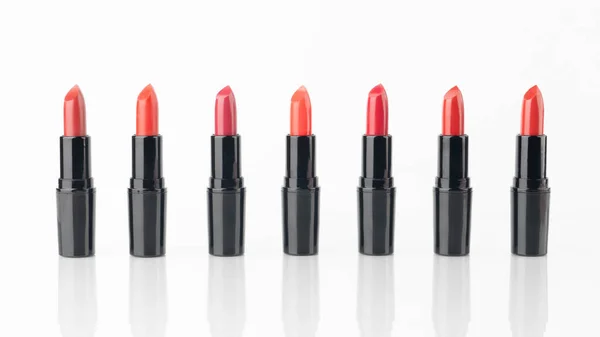 Set Red Lipsticks Black Tube Package White Background Makeup Cosmetics — Stock Photo, Image