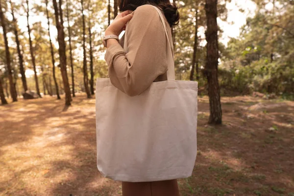 Blank White Tote Bag Canvas Fabric Handle Mock Design Close — Stockfoto