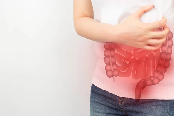 Woman suffering from abdominal pain with small and large intestines organ shape. Digestive tract problems include colitis, IBS or colon cancer. Colorectal disease awareness concept.