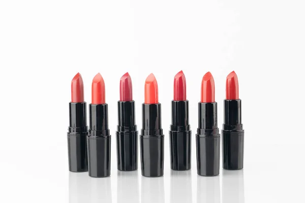 Set Red Lipsticks Black Tube Package White Background Makeup Cosmetics — Stock Photo, Image