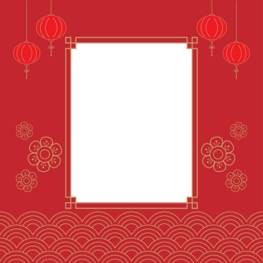 Boş pencere çerçevesi kopyalama alanı olan kırmızı arkaplan ve altın satırlı Çin tema şablonu