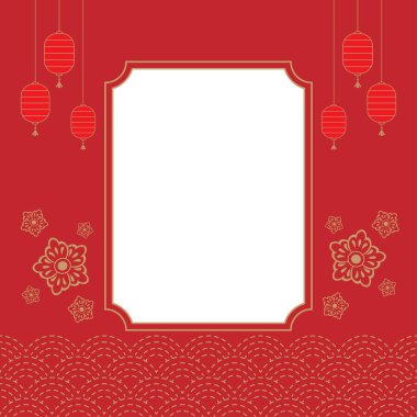 Kırmızı ve altın fener ve çiçek ve dalga Çin temalı arka plan şablonu boş pencere çerçevesi kopyalama alanı