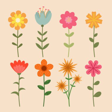 Soyut renkli çiçek vektör illüstrasyon ögeleri ayarlandı, düz tasarım biçimi.