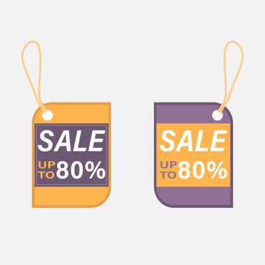 İki etiket tanıtım etiketi, düz tasarım biçimi, mor ve sarı renk, vektör illüstrasyonu