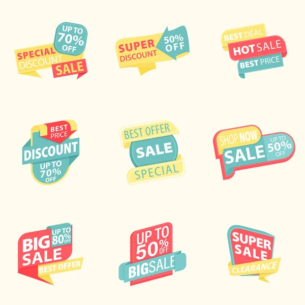 Grande Vente Discount Meilleur Prix Banner Tags Icônes Collection Modèles — Image vectorielle