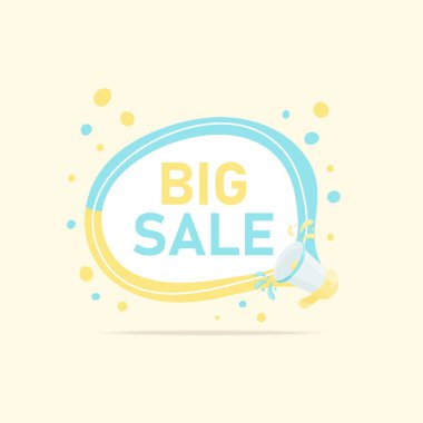 Büyük indirimli afiş tasarımı, reklam afişi etiketi, megafon ikonlu konuşma balonu, mavi ve sarı kabarcıklar, vektör rozet illüstrasyonu.