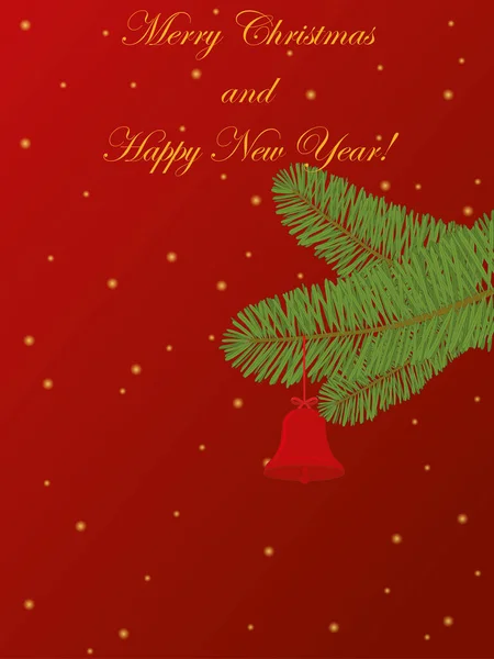 メリークリスマスと幸せな新年お祝いカードともにモミの枝上の赤いベクトルイラスト — ストックベクタ