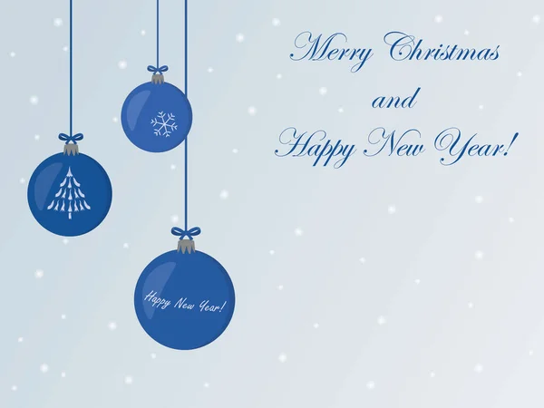 メリークリスマスと幸せな新年お祝いカードともに青ボール上の銀の背景ベクトルイラスト — ストックベクタ