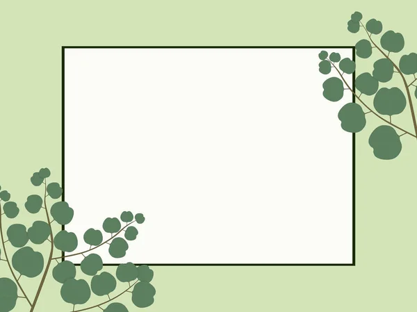 枠の上に四角形の枠とユーカリの葉を持つ明るい緑の背景ベクトル図 — ストックベクタ