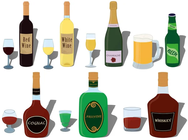Alkoholgetränke Flaschen Und Spezielle Gläser Paaren Sammlungsvektorillustration — Stockvektor