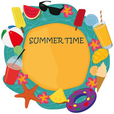 Denizde adanın yaz saati kartı. Yazla ilgili nesneler. Uydurma vektör çizimi.