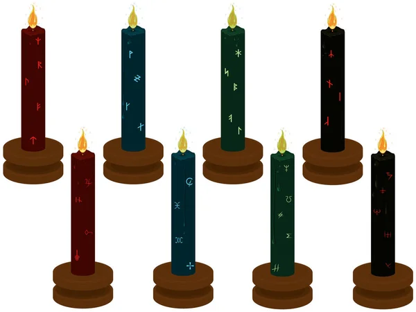 Magische Kerzen Mit Runen Und Alchemie Symbolen Für Rituale Vektor — Stockvektor