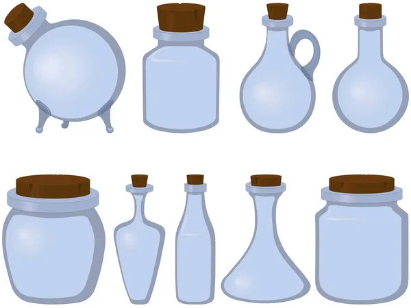 Glasgefäß Flasche Und Fläschchen Mit Hölzerner Korksammlung Als Vektorillustration — Stockvektor