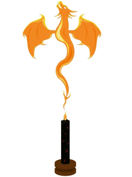 Schwarze Magische Kerze Mit Alchemie Symbolen Und Feuerdrachen Vektorillustration — Stockvektor
