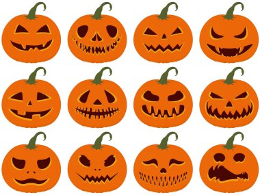 Cadılar Bayramı korkunç ve komik Jack-O 'Lantern balkabağı koleksiyonu vektör çizimi