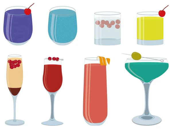 Sammlung Von Alkoholcocktails Verschiedenen Gläsern Vektor Illustration — Stockvektor
