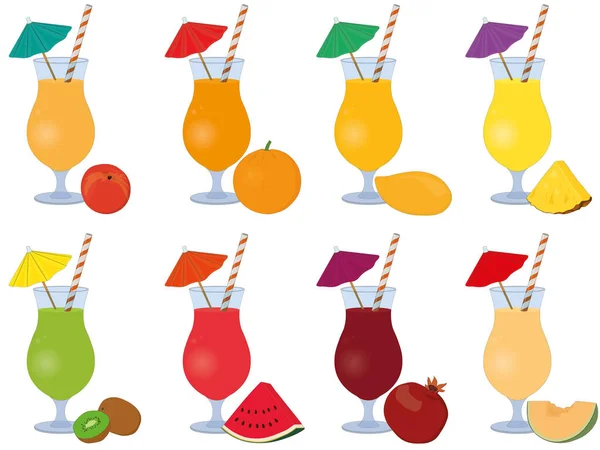 Kollektion Frischer Saft Cocktails Hohen Glas Mit Trinkhalm Und Cocktail — Stockvektor