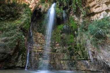 İsrail 'in Ein Gedi çölünde şelale. 