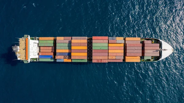 Drone Top View Fully Loaded Container Ship Cruising Sea — Fotografia de Stock