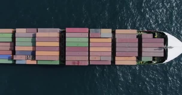 Drone Top View Fully Loaded Container Ship Cruising Sea — Stockvideo