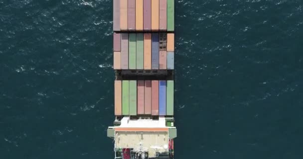 Drone Top View Fully Loaded Container Ship Cruising Sea — ストック動画