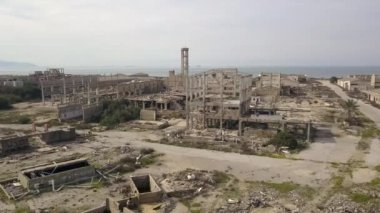  Abandoned building. Aerial view of an old factory ruin. 