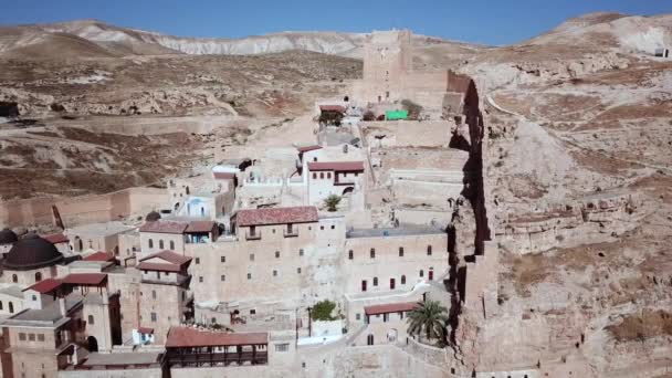 Antik Grekiska Kloster Mar Saba Som Ligger Klippa Judisk Öken — Stockvideo