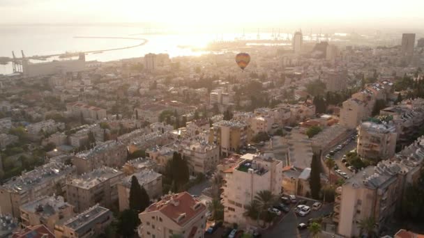 Airship Haifa Cityscape Port Haifa Bay Sunrise — Stok video