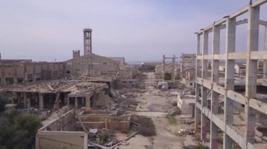 Abandoned Ranch Ghost Town. Aerial Tracking Of Run-Down Buildings. 