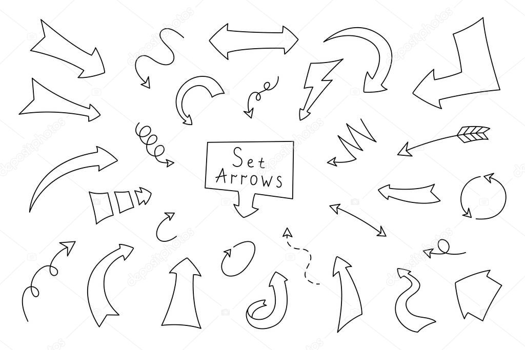 Arrow set in cartoon style, vector illustration. Collection arrows hand drawn. Direction sign isolated doodle outline on white background. Simple elements for decorative planner, journal and notebook