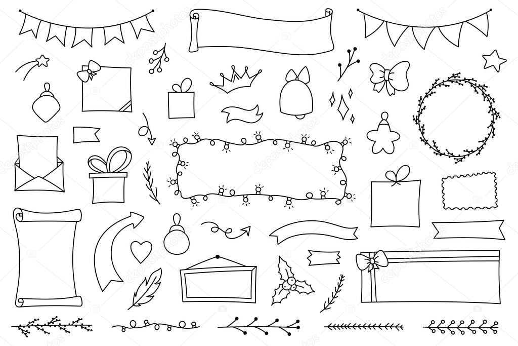 Christmas set hand drawn elements for diary, notebook and planner in doodle style. Vector calendar for study and work. Collection of decorations frames and stickers from lines. Cute background design