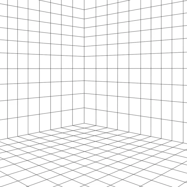 Salle de grille en perspective, illustration vectorielle en style 3d. Filaire intérieur à partir de lignes, modèle carré intérieur, boîte vide numérique. Résumé fond de conception géométrique — Image vectorielle