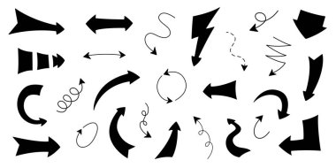 Ok çizgi film stili vektör illüstrasyonunda ayarlandı. Koleksiyon okları elle çizilmiş. Yönlendirme işareti beyaz arka planda izole edilmiş. Dekoratif planlayıcı, günlük, günlük ve defter için basit ögeler