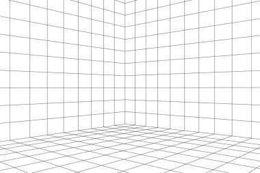 Şebeke odası perspektifte, vektör illüstrasyonu 3 boyutlu. Kapalı kablo çizgileri, şablon iç kare, dijital boş kutu. Soyut geometrik tasarım arkaplanı