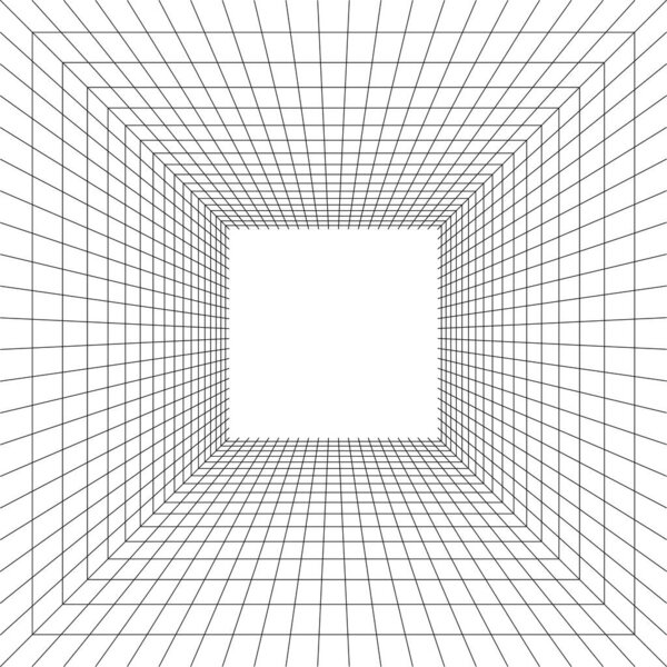 Грид-рум в перспективе, векторная иллюстрация в 3D стиле. Внутренняя проволока от черных линий, шаблон внутренней площади, цифровая пустая коробка. Минимальный дизайн фона