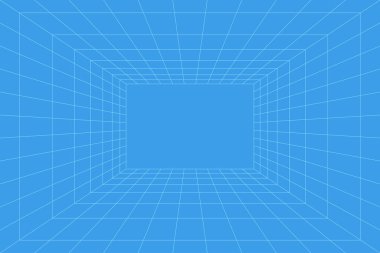Şebeke odası perspektifte, vektör illüstrasyonu 3 boyutlu. Mavi çizgilerden kapalı kablo çerçevesi, şablon iç kare, dijital boş kutu. En düşük arkaplan tasarımı